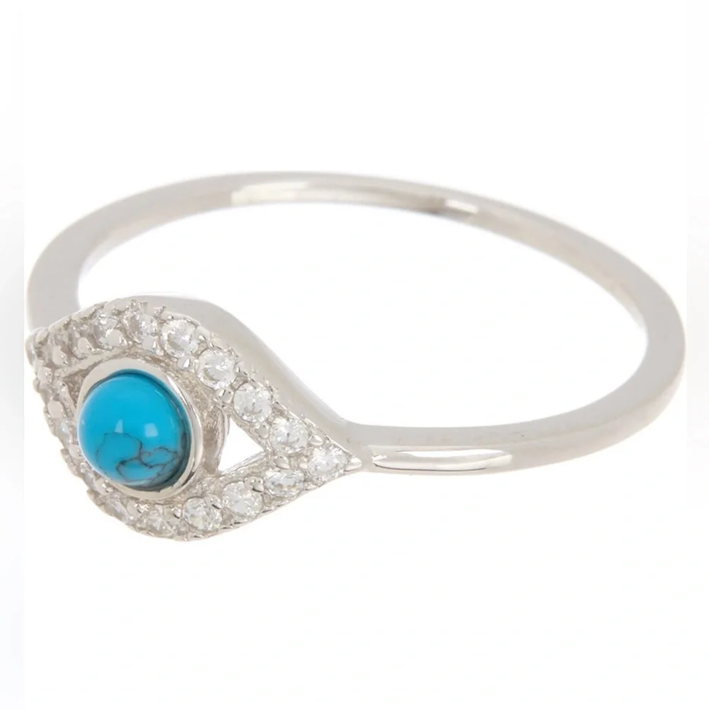 Adornia 14K Yellow Gold Plated Turquoise & Swarovski Crystal Evil Eye Ring size8